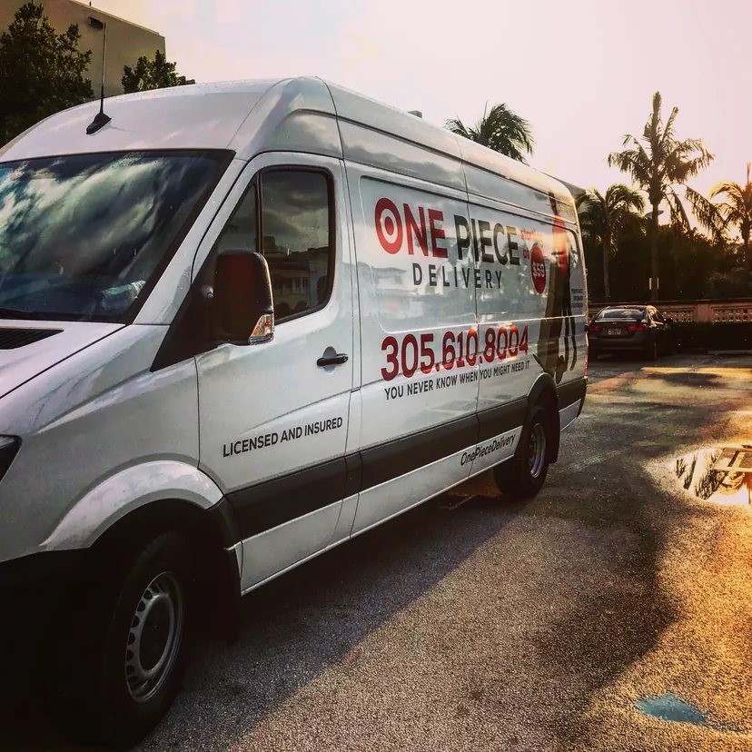 An early One Piece Delivery high-roof van parked under palm trees at sunset.